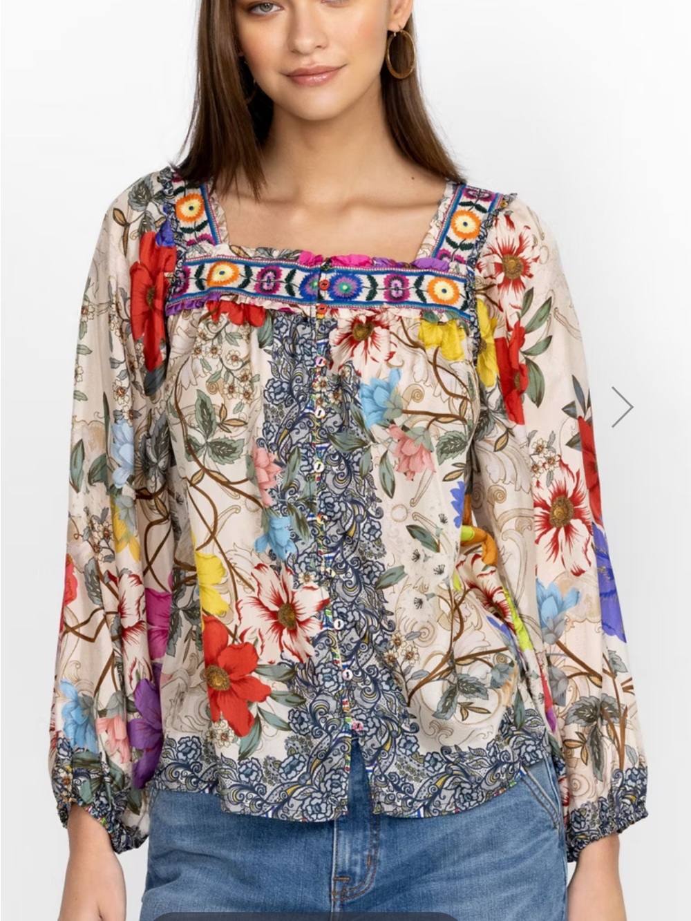 Johnny Was ARCHIBAL LUCIANA
BLOUSE  Silk Floral Embroidered Square-Neck Sz 2X